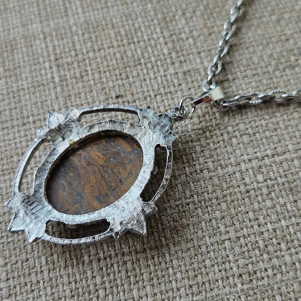 Vintage Pendant Women Necklace Brown Stone Silver Tone Chain Fashion Jewelry - Picture 5 of 12